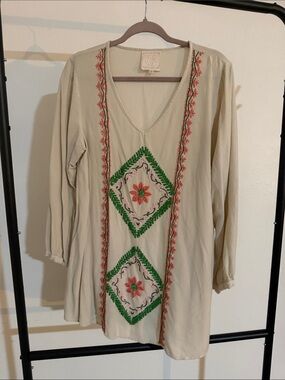Embroidered V-Neck Cream Tunic with Green & Coral Accents
